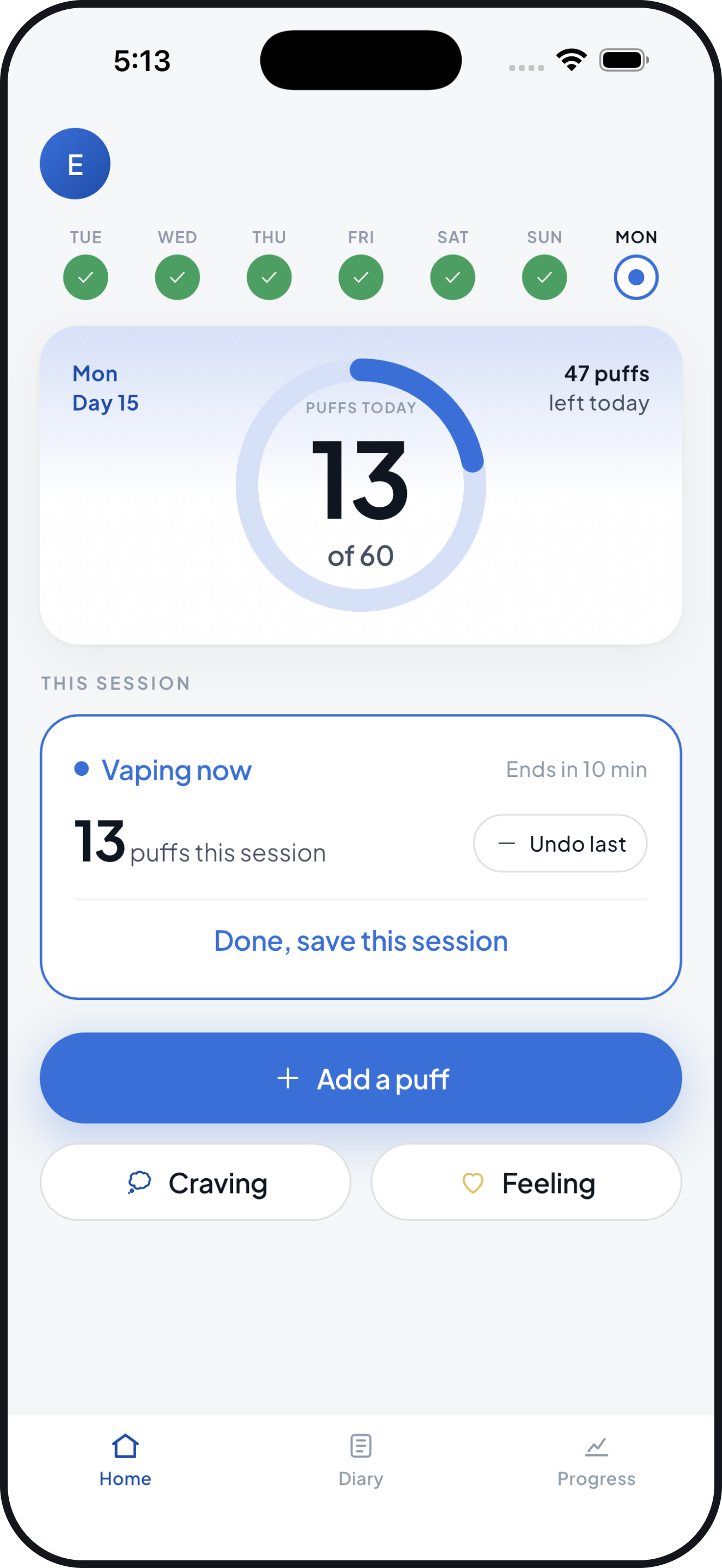 CutPuff home screen: 13 of 60 puffs used today, with a live vaping session open